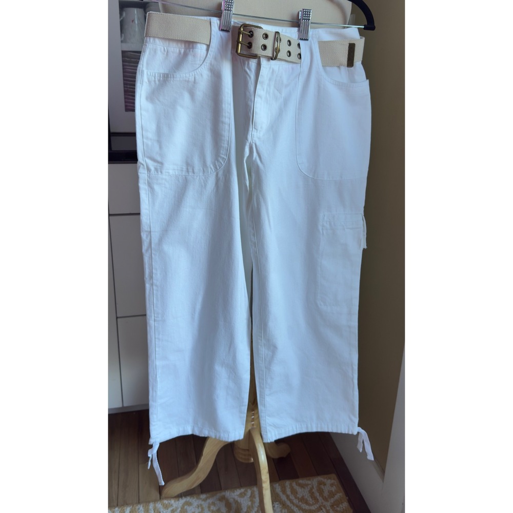 Izod Womens White Cotton Cargo‎ Capri Pants Belted Drawstring Hem IS63254 Size 6